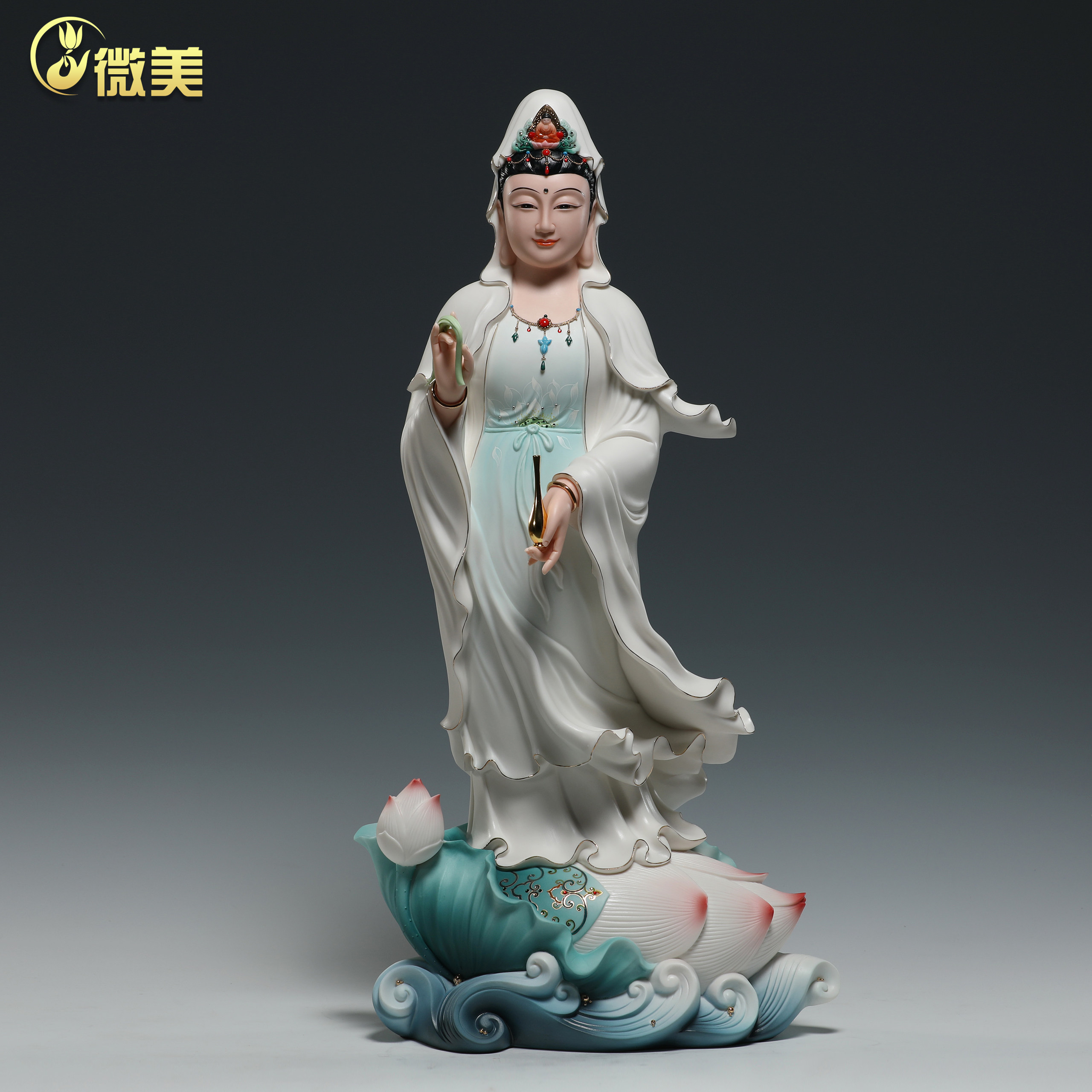 锵锵22寸陶瓷彩绘观音佛像摆件