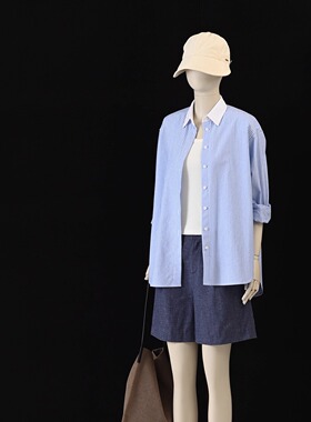 欧柏琳自制蓝白条纹宽松廓形简约气质长袖水洗全棉拼接白领衬衫女