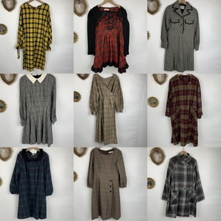 vintage古着日制羊毛连衣裙女士长款长袖格纹英伦风秋冬长裙517