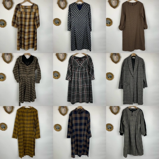 vintage古着日制羊毛连衣裙女士长款长经典格纹复古风秋冬长裙504