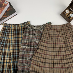 vintage古着日制秋冬毛半裙港风复古文艺格纹撞色大摆百褶裙 291