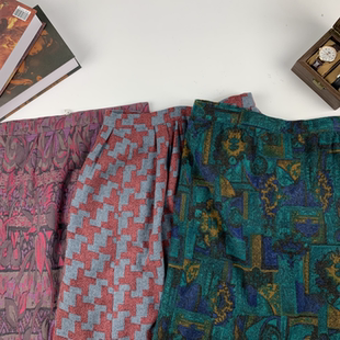 vintage古着日制秋冬毛半裙港风复古民族格纹印花包臀一步裙 295