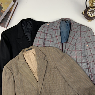 vintage古着日制男女中性西装 671 金扣复古格纹西服外套瑕疵特价