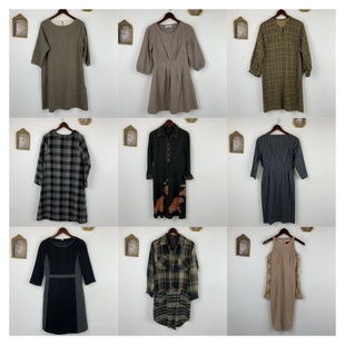 vintage古着日制羊毛连衣裙女士长款长袖优雅秋冬格纹拼接长裙471