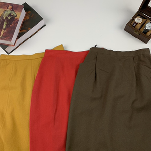 vintage古着日制秋冬毛半裙港风复古文艺纯色气质百搭包臀裙 313