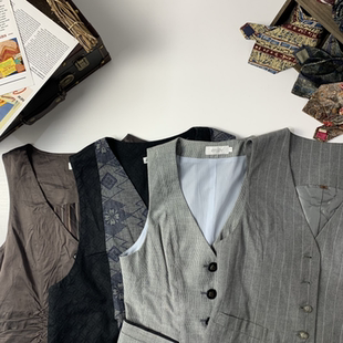 vintage日制古着西装马甲羊毛背心马甲格子印花英伦设计感马甲-21