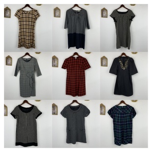 vintage古着日制羊毛连衣裙女士长款短袖格纹波点款秋冬中长裙478