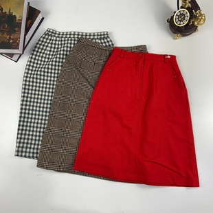 vintage古着日制秋冬羊毛半裙复古港风撞色文艺包臀一步裙 764