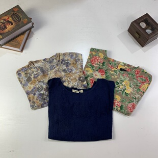 vintage日制古着精品复古花衬衫上衣条纹拼接宽松气质衬衣-960