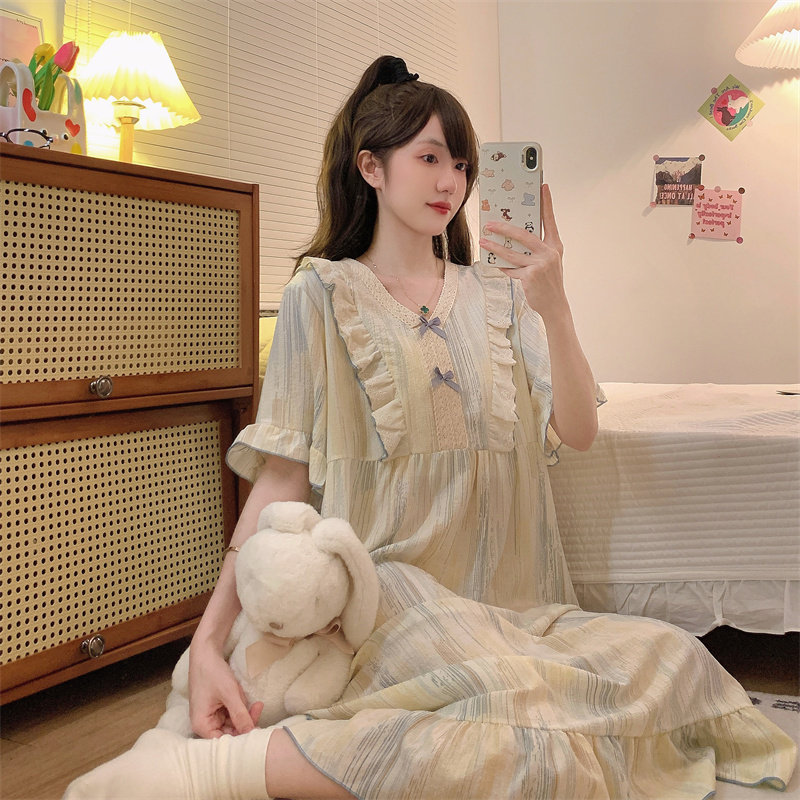 夏季睡裙女短袖纯棉纱布薄款大码胖MM300斤花边甜美长款孕妇睡衣