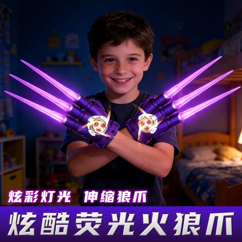 新款金刚火狼爪旋转火花伸缩利爪音效激光儿童新年礼物男发光玩具