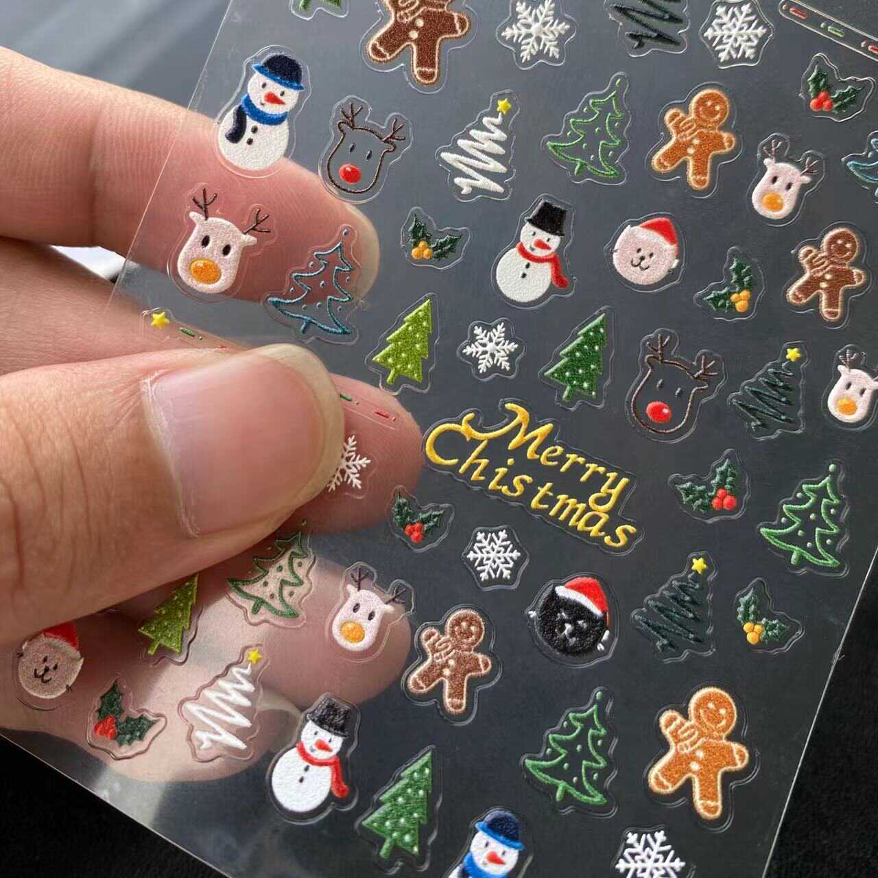 圣诞树美甲贴纸浮雕背胶5D指甲装饰品可爱卡通麋鹿老人姜饼人雪人