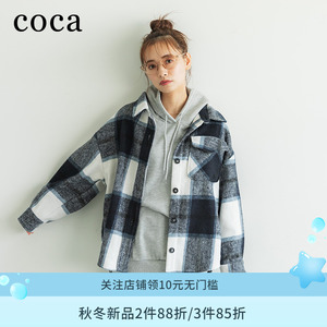 coca日本复古衬衫外套格子衫女装宽松慵懒风长袖服饰黑白圆领红白