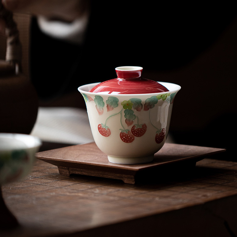 明知山志樹莓派手繪蓋碗朱砂紅