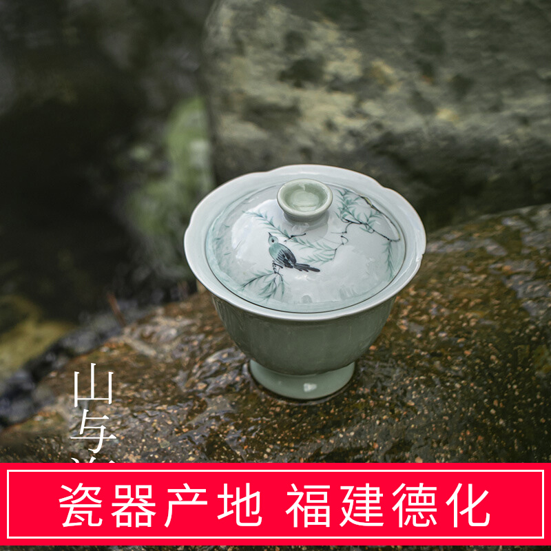 远山绿喜鹊鸣翠柳手绘盖碗文人泡茶碗高足花口陶瓷碗明知山志新品