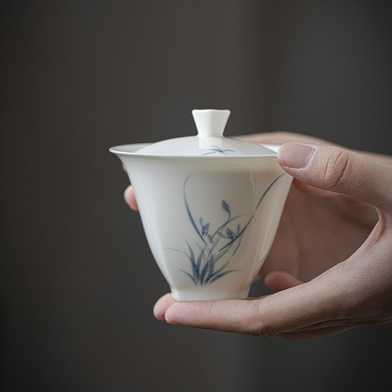 玉瓷手绘兰花盖碗茶杯茶碗