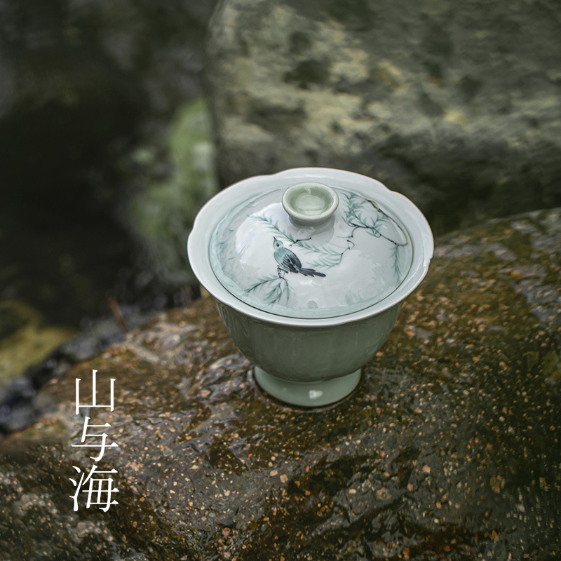 远山绿喜鹊鸣翠柳手绘盖碗文人泡茶碗高足花口陶瓷碗明知山志新品