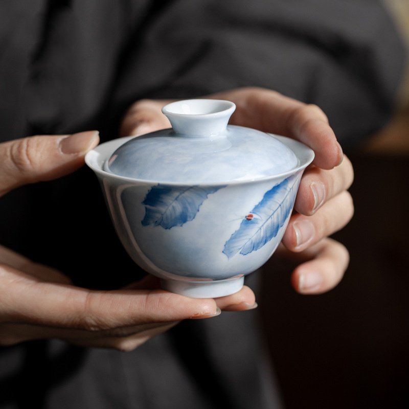 纯手绘芭蕉叶盖碗茶杯手工陶瓷薄胎泡茶碗小号功夫茶具不烫手