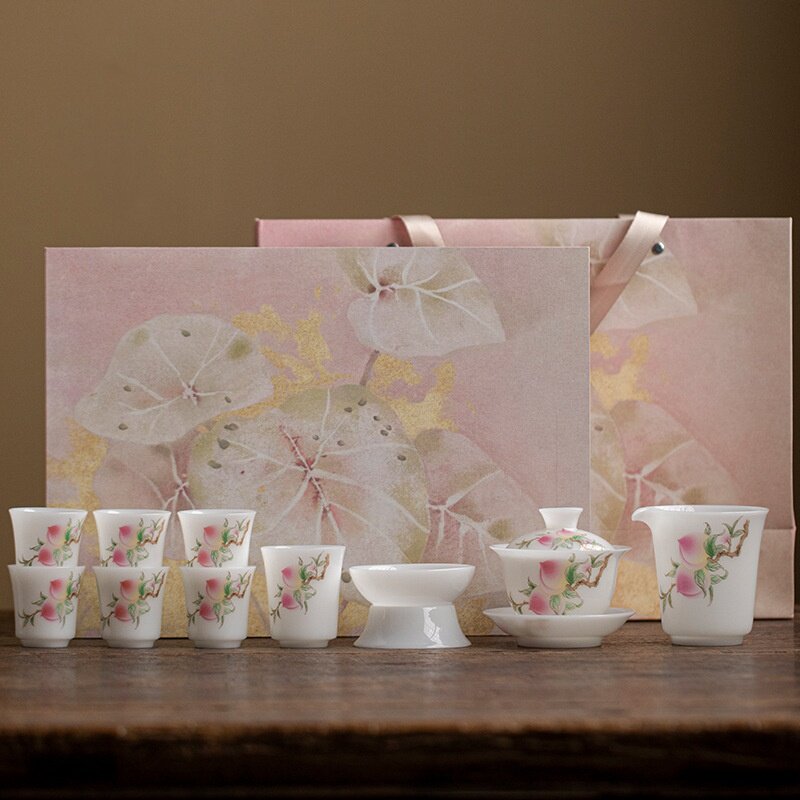 寿桃德化白瓷高档冰种玉瓷盖碗茶杯茶具套装纯手工陶瓷茶具礼盒装