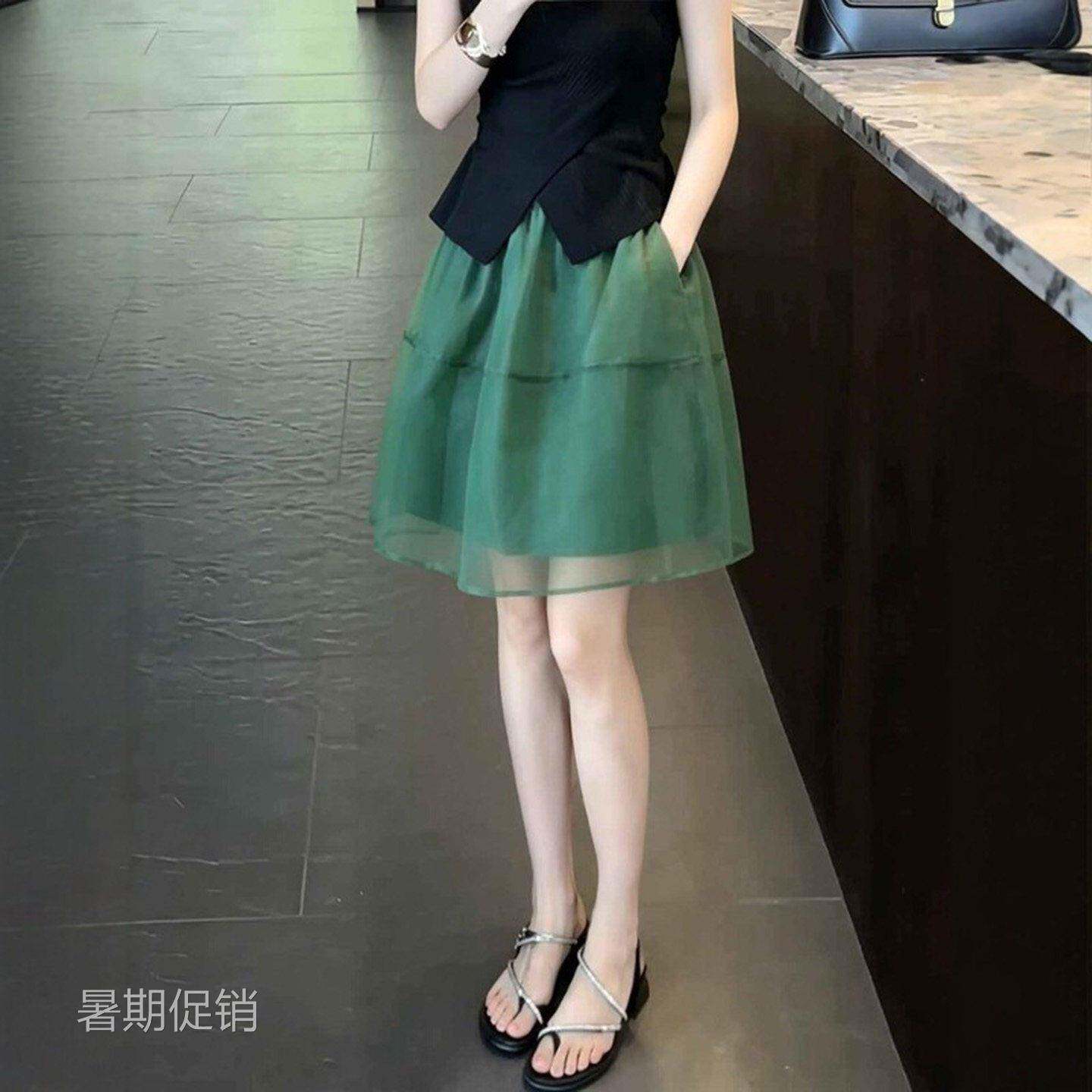 欧根纱半身裙女2026夏季新款高腰薄款中裙小个子a字裙子纱裙短裙