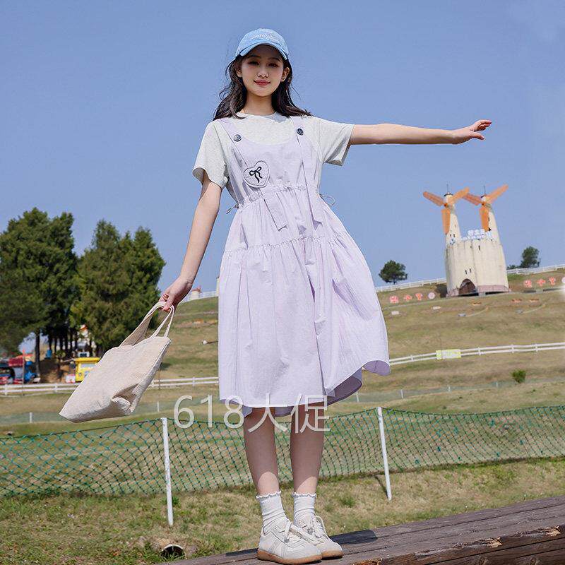 初中生背带裙夏装连衣裙2026新款少女假两件洋气休闲高中学生裙子