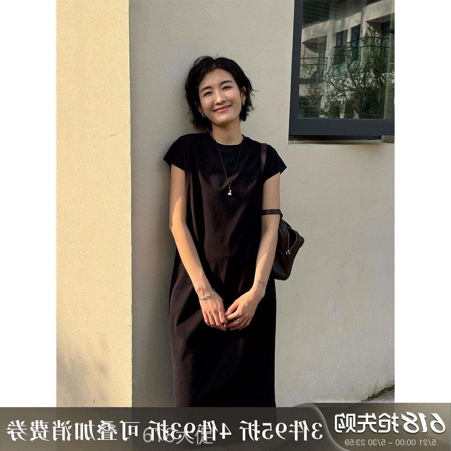 浪清【索罗娜】黑色小飞袖连衣裙女夏2026新款开叉直筒裙气质长裙