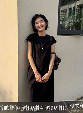 浪清【索罗娜】黑色小飞袖连衣裙女夏2026新款开叉直筒裙气质长裙