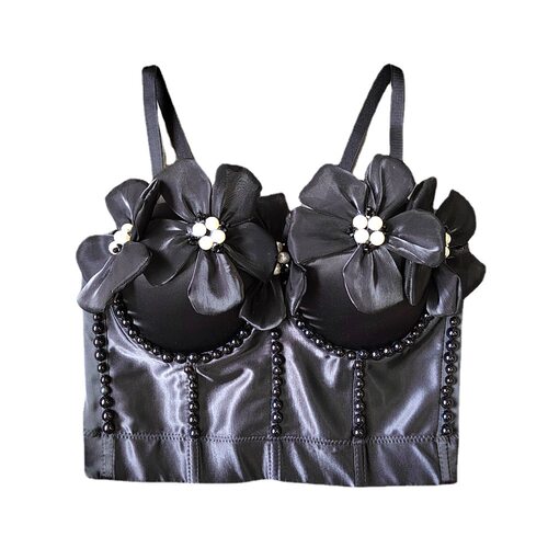 清新甜美立体花朵珍珠吊带有钢圈醋酸色丁裹胸修腰小香风吊带