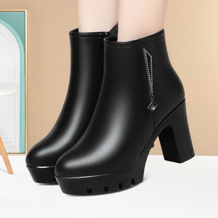 春秋耐磨防水台厚底皮靴新款加绒粗跟妈妈短靴旗袍模特礼仪走秀靴