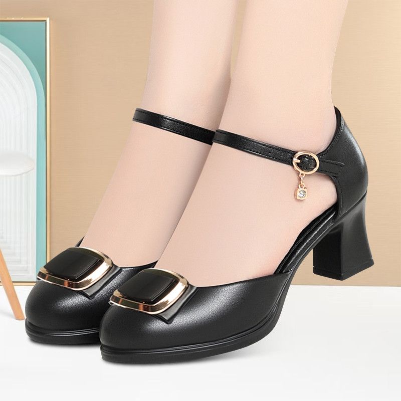 洋气旗袍专业模特走秀鞋百搭通勤轻便时装凉鞋搭扣粗跟厚底女皮鞋