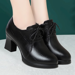 秋冬加绒女士皮鞋防水台深口单鞋女真皮系带粗跟旗袍走秀高跟鞋子