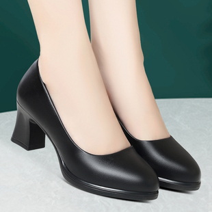春秋新款软皮职业单鞋女工作鞋空姐高跟鞋粗跟旗袍走秀鞋女士皮鞋