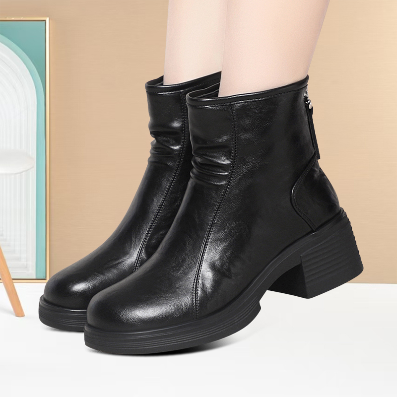 新款耐磨时尚模特走秀靴厚底秋冬拉链短筒靴女士加绒洋气保暖女靴