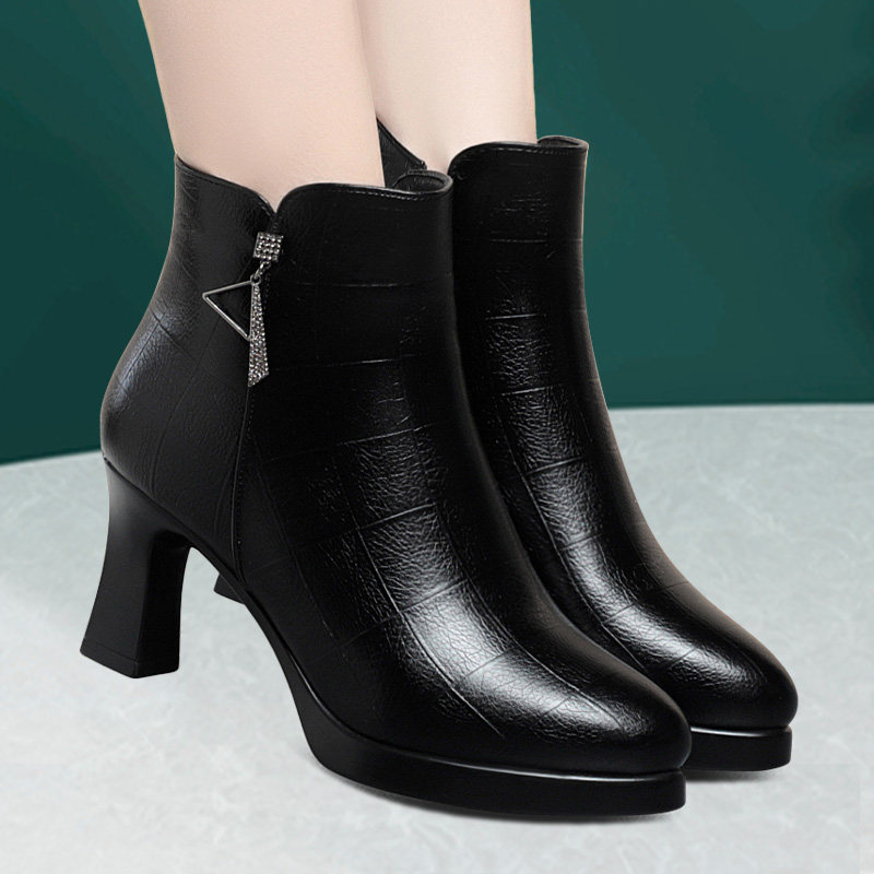 防水台女士皮靴真皮新款高跟靴子秋冬加绒女靴短筒粗跟皮靴不累脚,女鞋,时装靴,淘宝优惠券,粉丝福利购,淘宝优惠卷