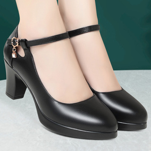旗袍鞋子演出走秀高跟鞋职业真皮单鞋大码皮鞋粗跟久站不累工作鞋