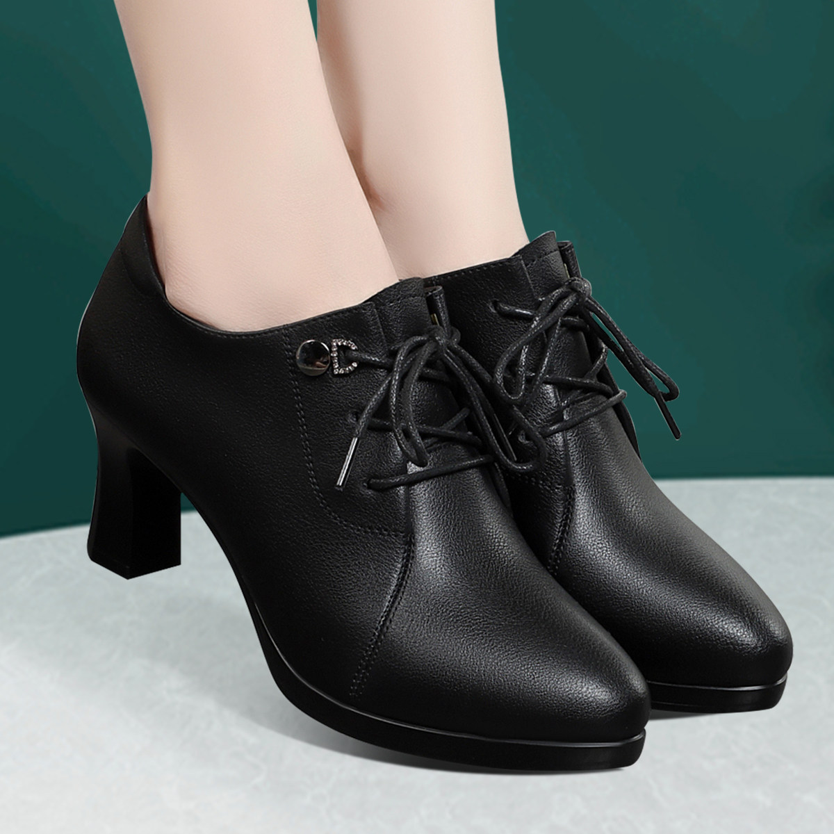 深口单鞋女中跟妈妈鞋真皮高跟鞋防水台系带中年细跟皮鞋工作鞋子,女鞋,深口单鞋,淘宝优惠券,粉丝福利购,淘宝优惠卷