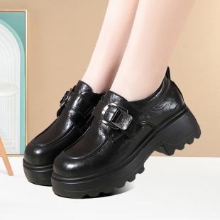 中年时髦防滑耐磨乐福鞋百搭轻便软皮粗跟单鞋潮流设计圆头厚底鞋