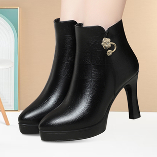 女士厚底防水台短筒靴气质旗袍模特礼仪走秀靴轻便加绒一体跟皮靴