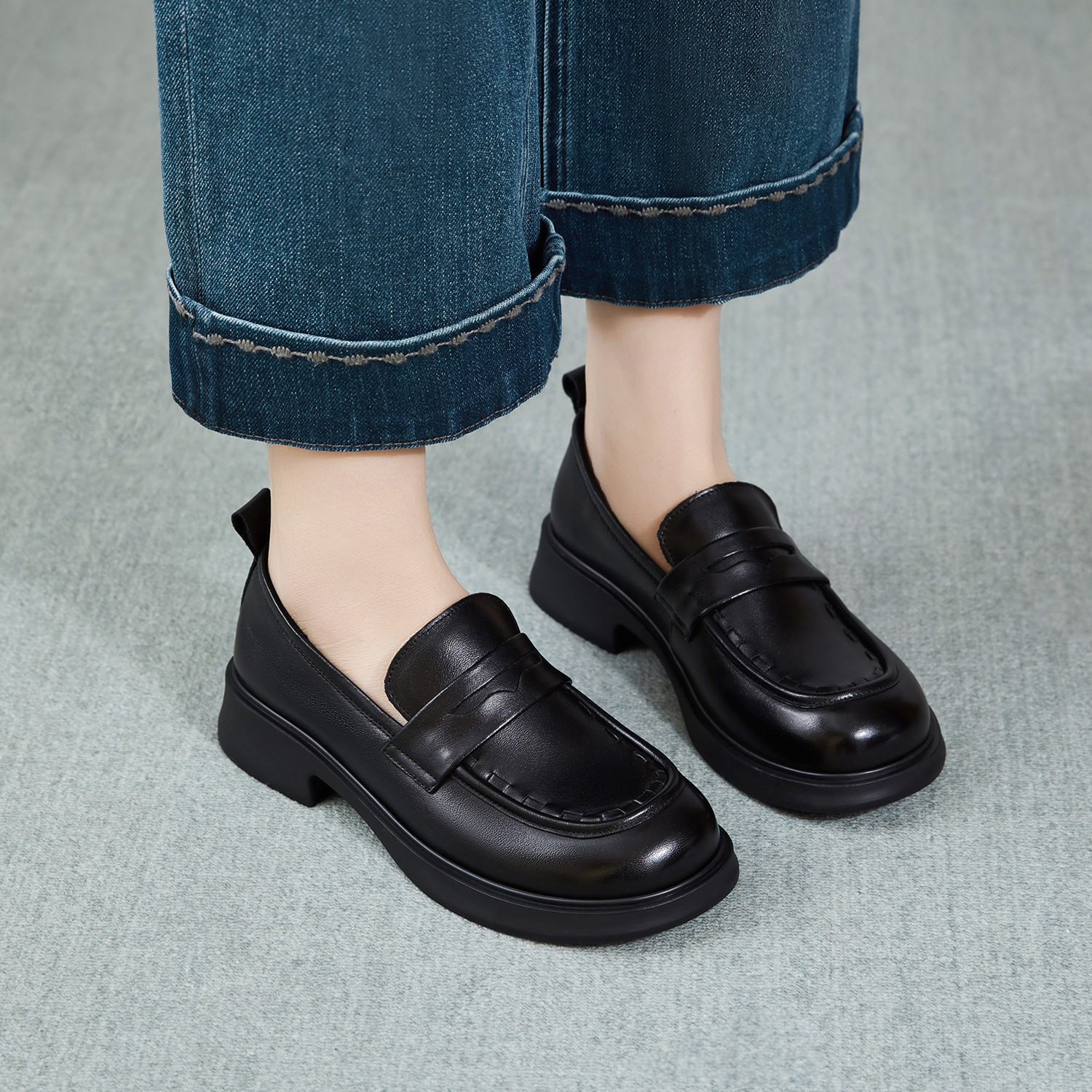 真皮复古粗跟乐福鞋女2026春季新款一脚蹬防滑百搭休闲懒人小皮鞋,女鞋,乐福鞋（豆豆鞋）,淘宝优惠券,粉丝福利购,淘宝优惠卷