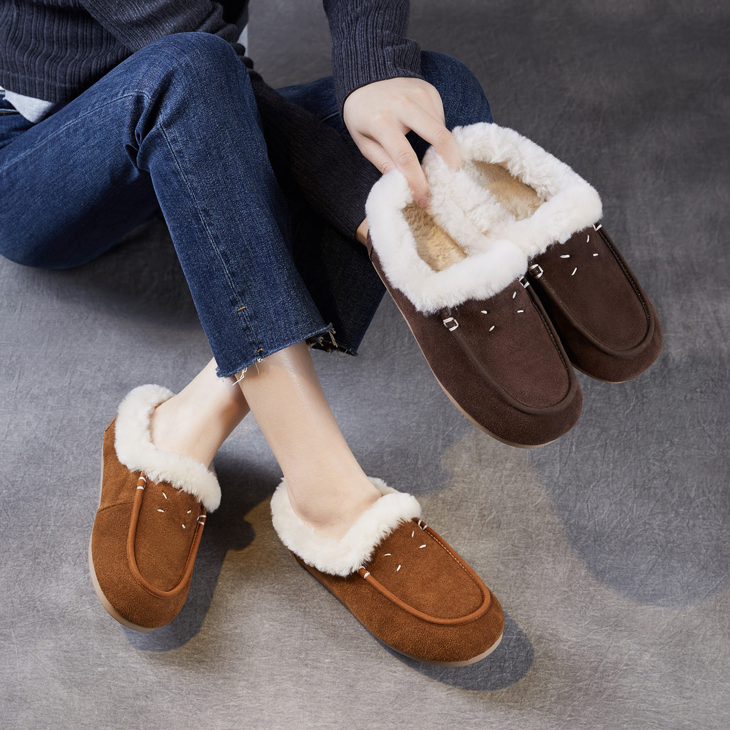 冬新款加绒真皮勃肯鞋女包头羊毛毛口鞋外穿休闲保暖懒人棉鞋,女鞋,棉鞋,淘宝优惠券,粉丝福利购,淘宝优惠卷
