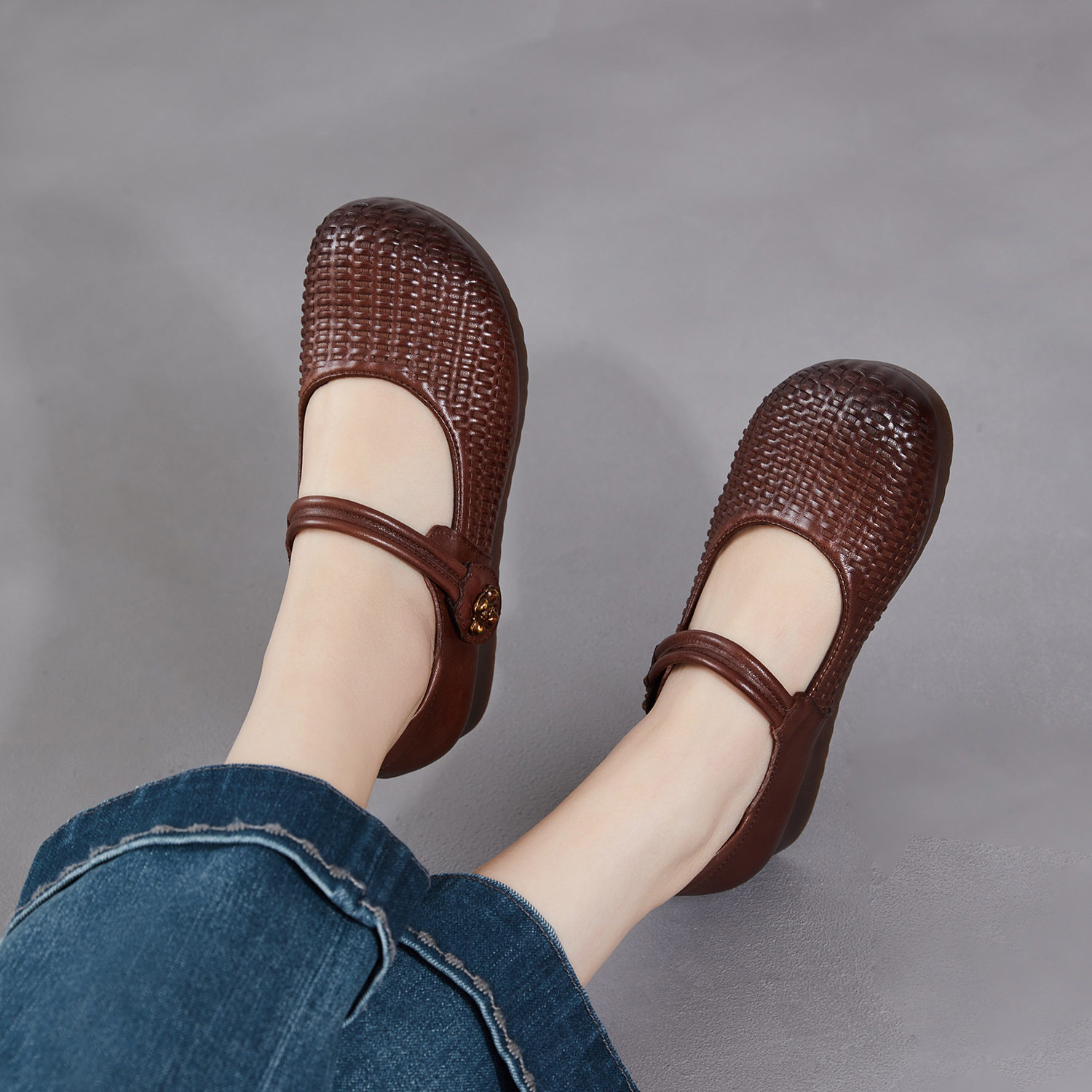 头层牛皮复古编织平底鞋女2026春夏季新款浅口软底舒适玛丽珍单鞋,女鞋,时尚休闲鞋,淘宝优惠券,粉丝福利购,淘宝优惠卷
