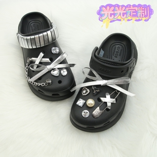 光光定制高端水钻皮革丝带鞋花高级黑色洞洞鞋配饰小红书同款鞋扣