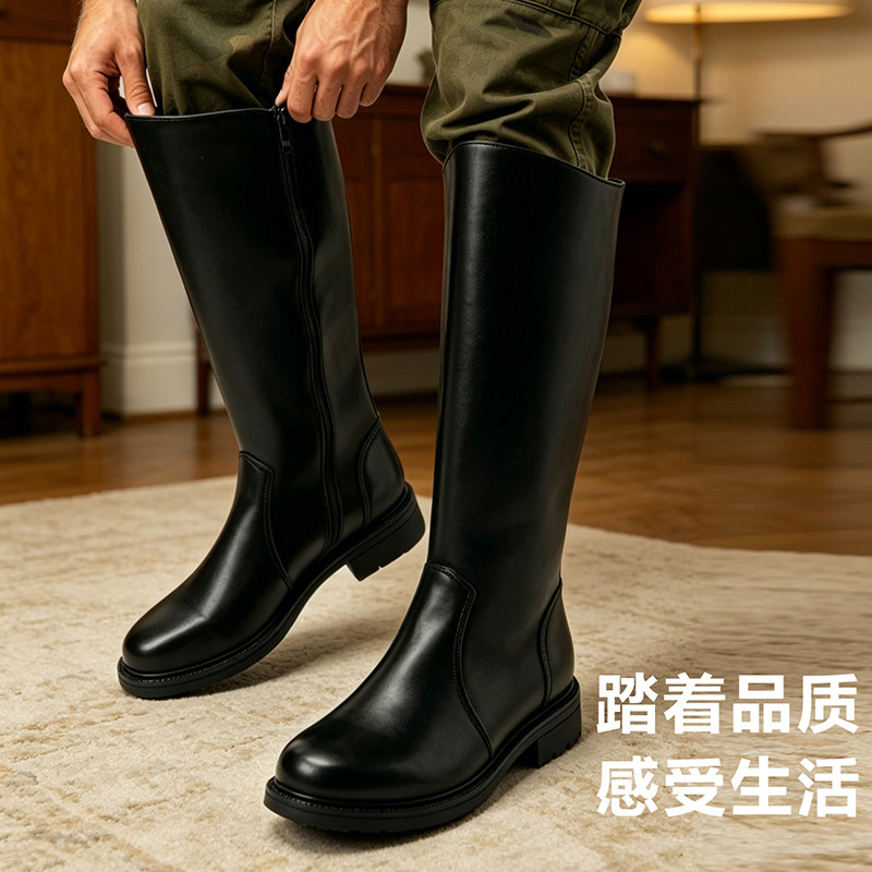 仪仗队马靴男女高筒靴皮靴男鞋COSPLY动漫升旗骑马术黑色国旗班靴