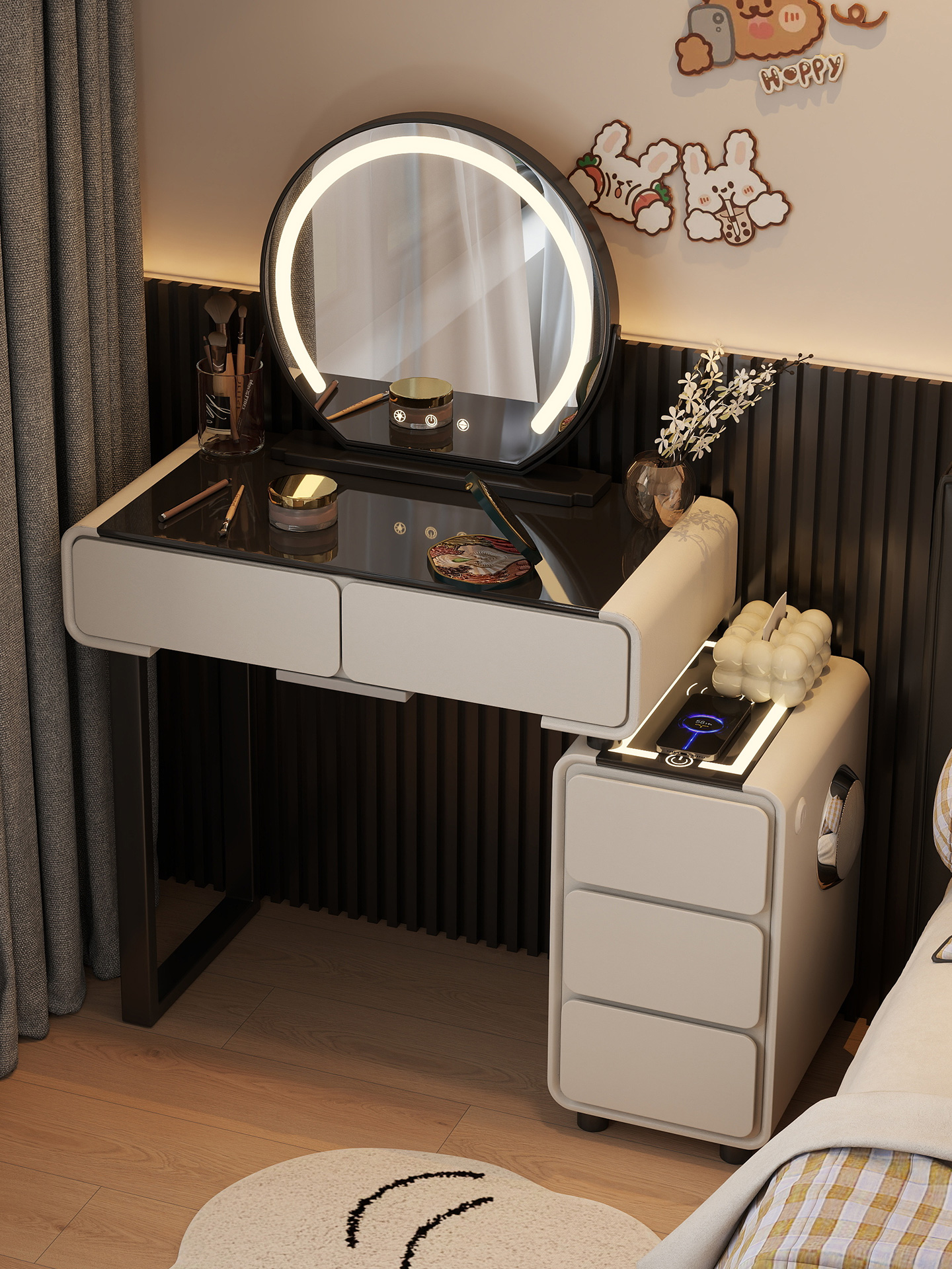 小户型梳妆台卧室80CM现代简约斗柜一体化妆台主卧带镜智能化妆桌