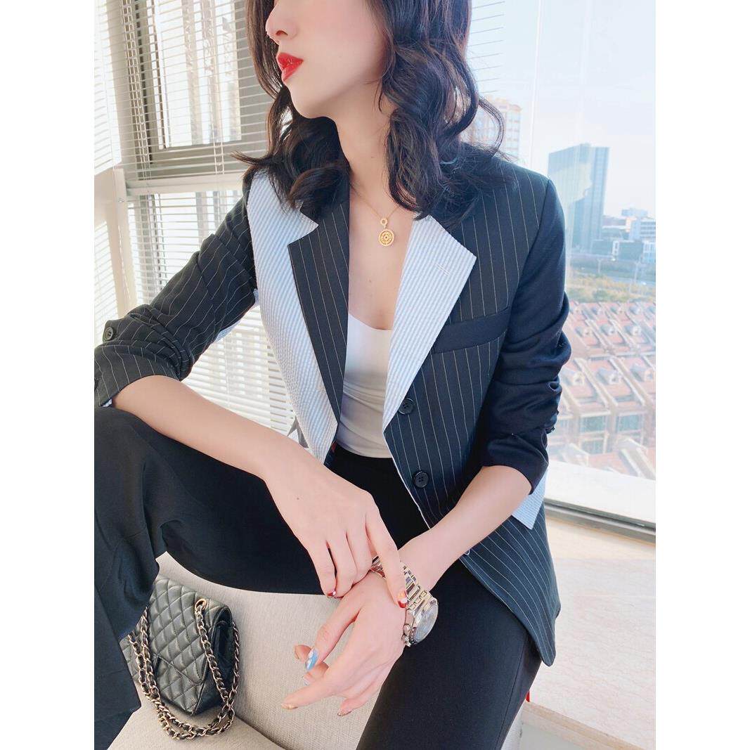 EGG SLY个性帅气 双拼色竖条纹三粒扣西装修身外套女小众设计感