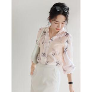 EGG 气质高端设计感桑蚕丝衬衣女别致漂亮法式 碎花小衫 SLY优雅