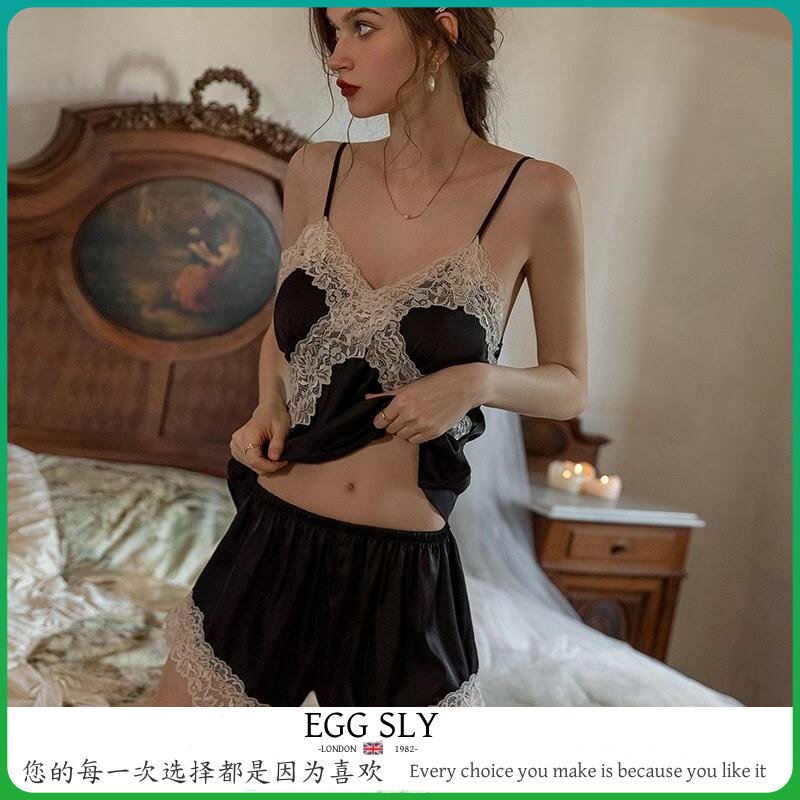 EGG SLY性感睡衣女夏款冰丝薄款大码带胸垫小胸两件套吊带背心短