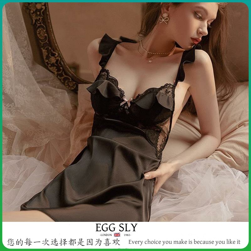 EGG SLY性感女睡衣夏款冰丝薄款带胸垫纯欲风小胸吊带睡裙蕾丝高