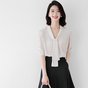 优雅飘带领小宽松短袖 EGG 女洋气复古 波点衬衫 衬衣 SLY日系轻奢