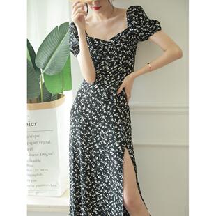 EGG 法式 方领茶歇绝美小碎花连衣裙女夏季 侧边开叉 SLY优雅迷人